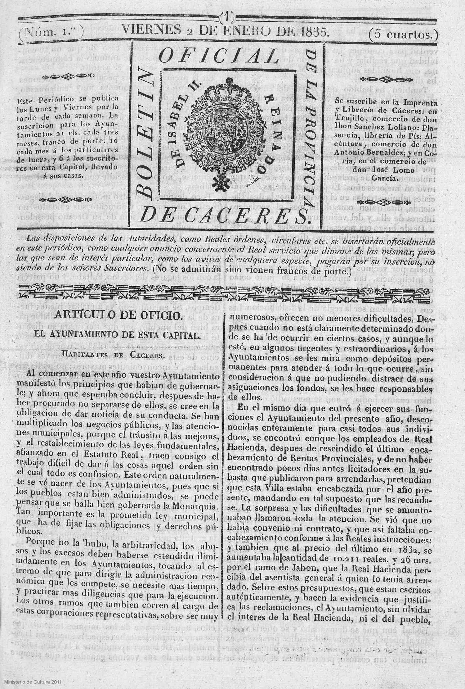 Boletín Nº 1 de 2 de enero de 1835
